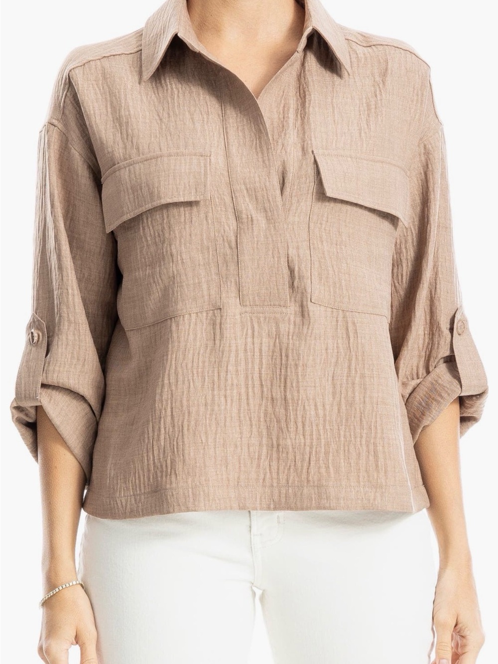 Max Studio London Women's Taupe Button-Sleeve Utility Top